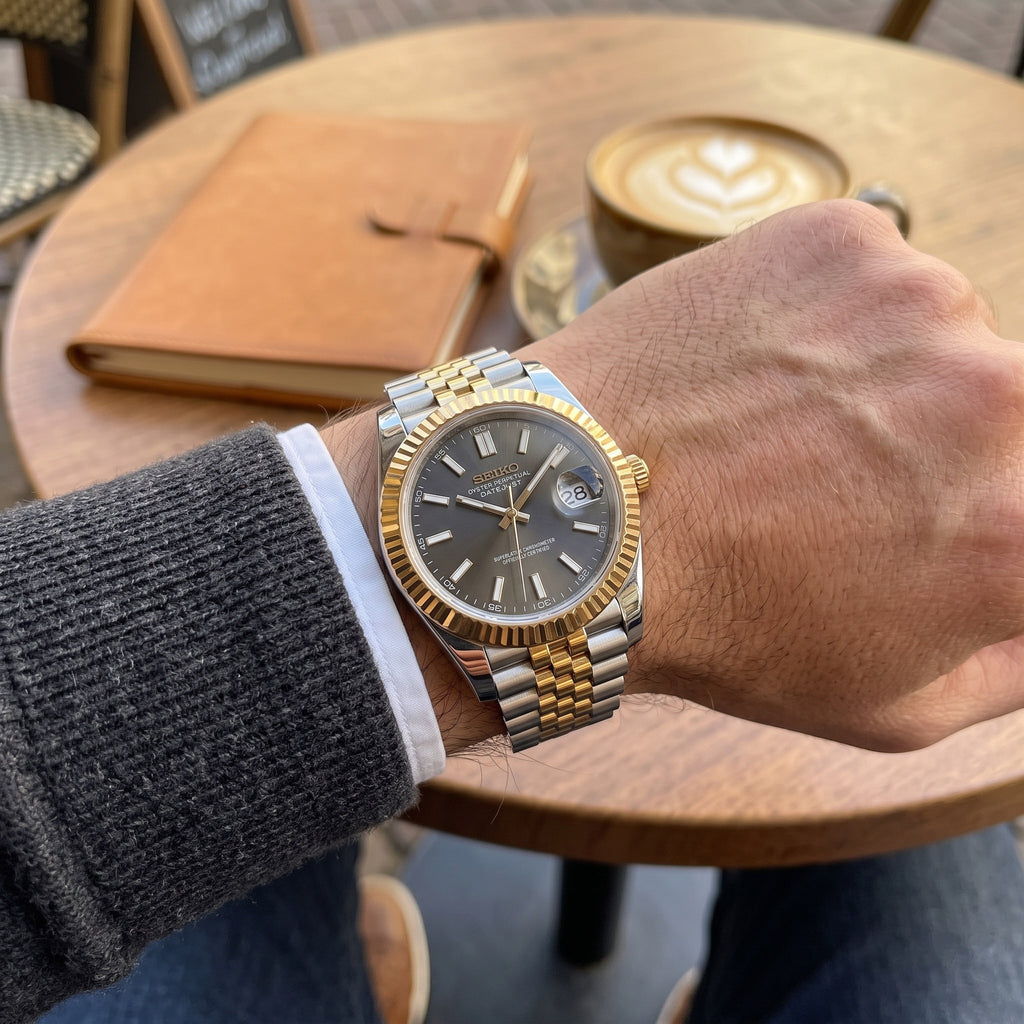 Date Mod – Two-Tone Gold · Grey Stick Dial – Automatic – on-wrist view