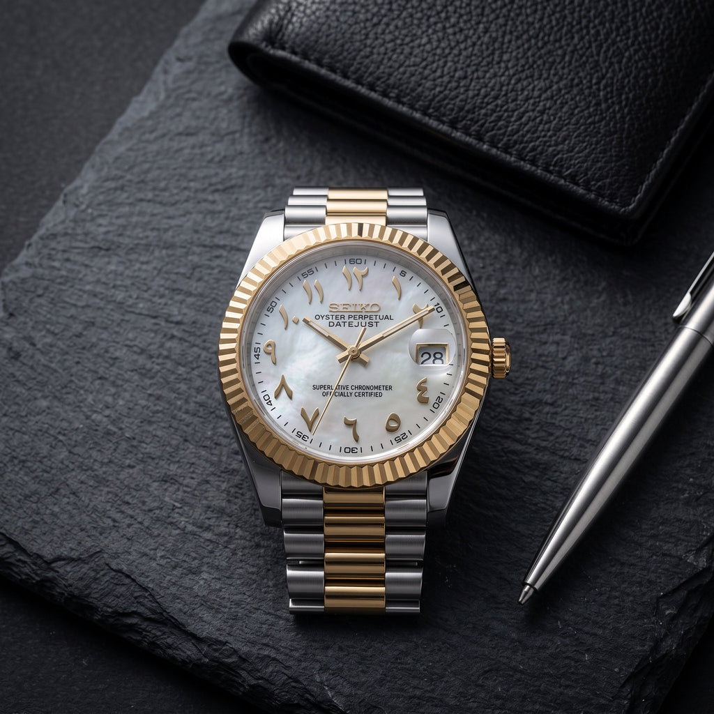 Date Mod – Two-Tone Gold · White MOP Arabic Dial – Automatic – lifestyle flat lay