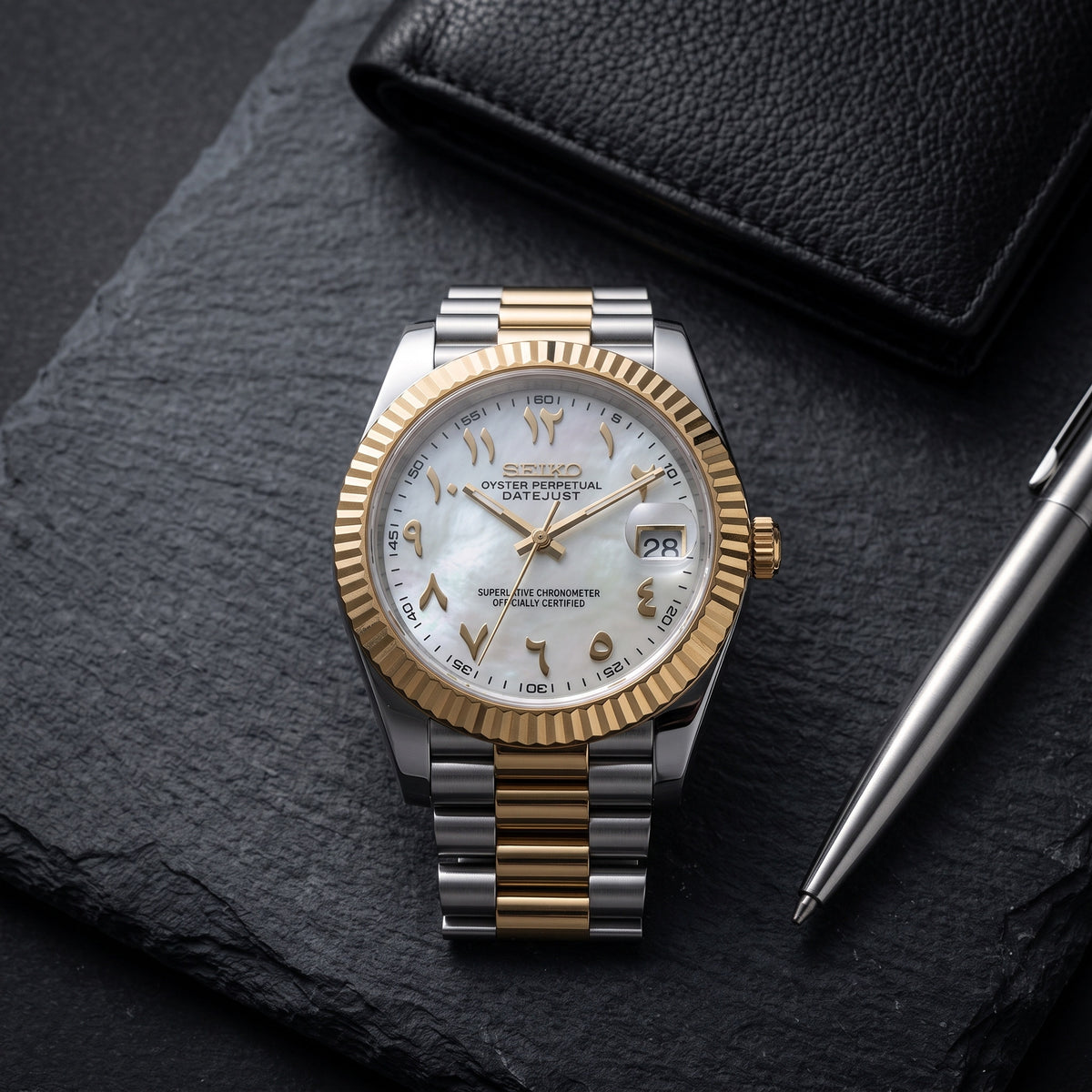 Date Mod – Two-Tone Gold · White MOP Arabic Dial – Automatic – lifestyle flat lay