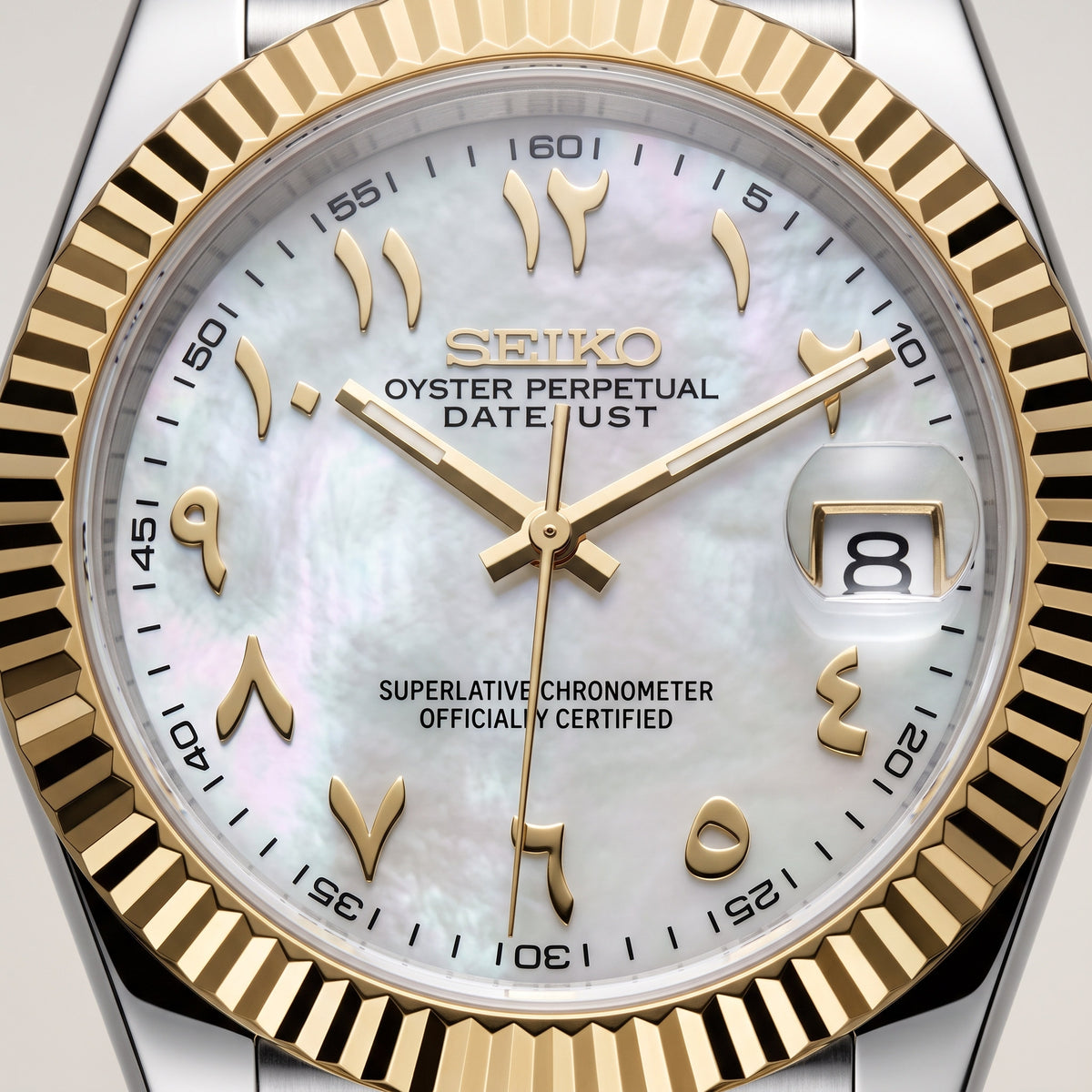 Date Mod – Two-Tone Gold · White MOP Arabic Dial – Automatic – dial detail