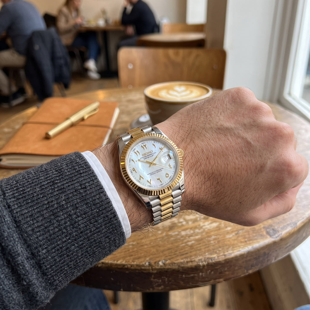 Date Mod – Two-Tone Gold · White MOP Arabic Dial – Automatic – on-wrist view