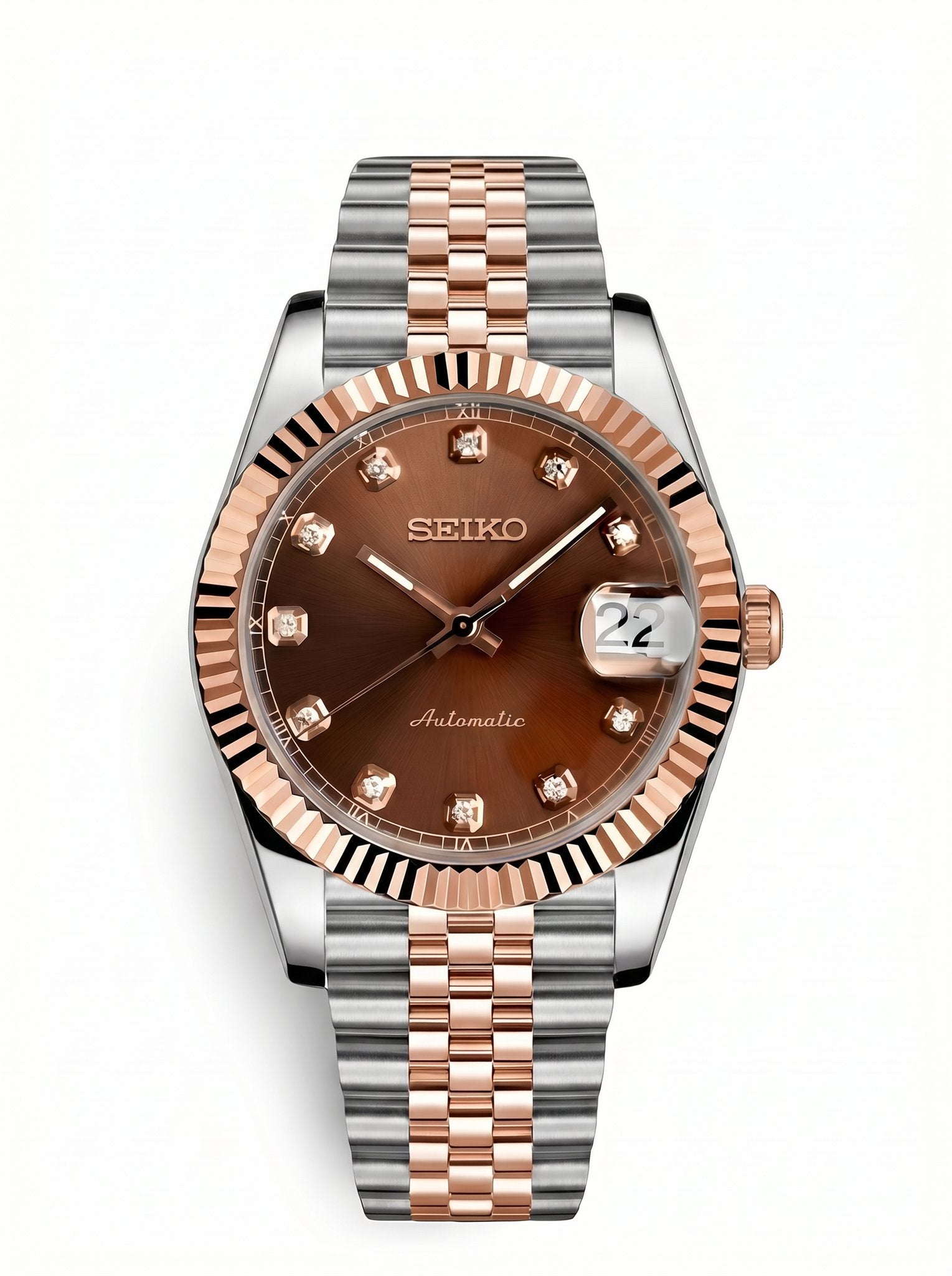 Date Mod – Two-Tone Rose Gold · Brown Diamond Dial – Automatic — with Seiko logo