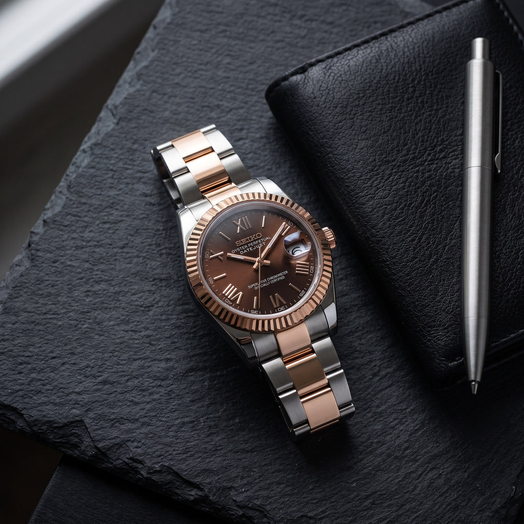 Date Mod – Two-Tone Rose Gold · Brown Roman Dial – Automatic – lifestyle flat lay