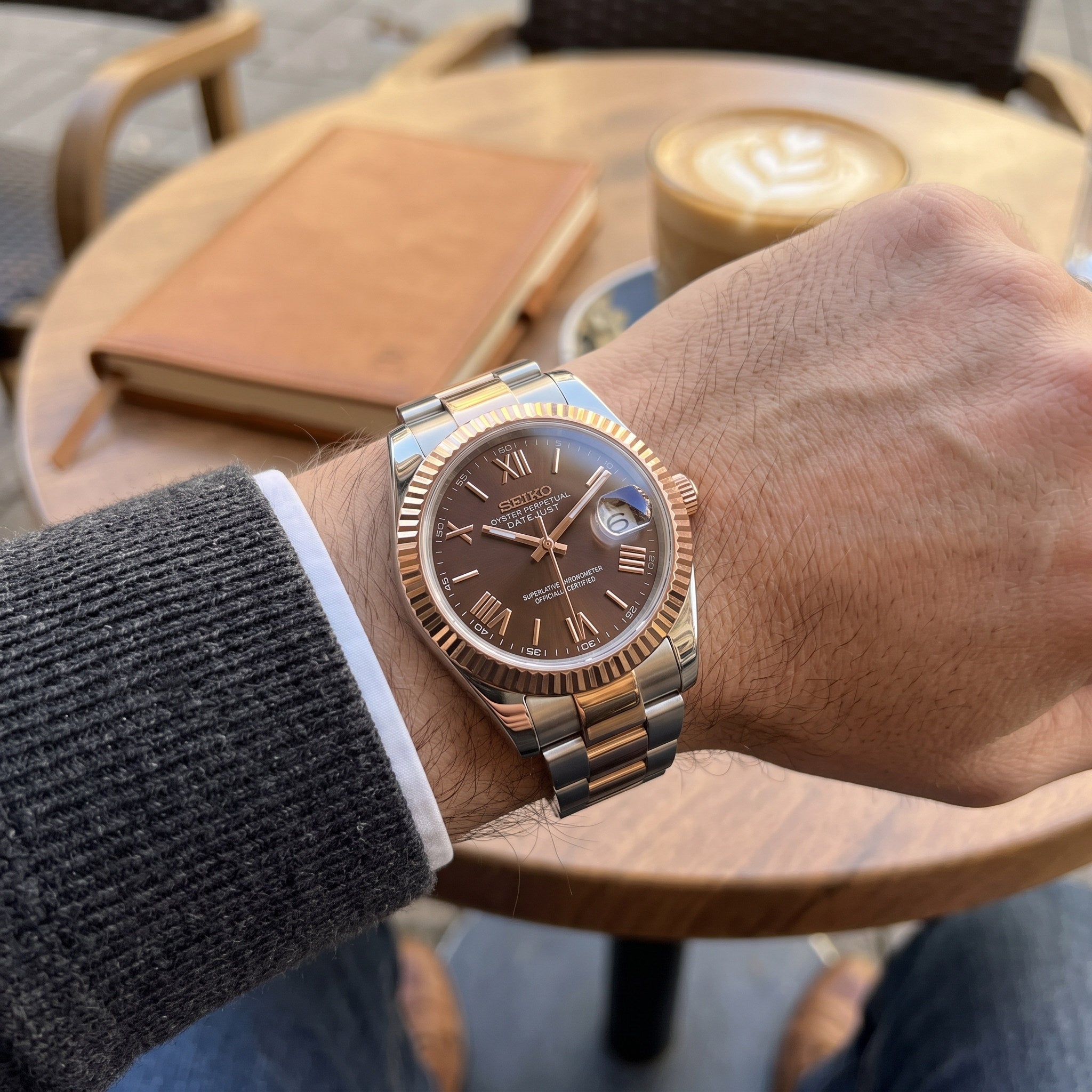 Date Mod – Two-Tone Rose Gold · Brown Roman Dial – Automatic – on-wrist view