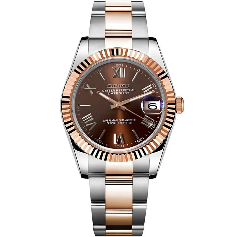 Date Mod – Two-Tone Rose Gold · Brown Roman Dial – Automatic — with Seiko logo