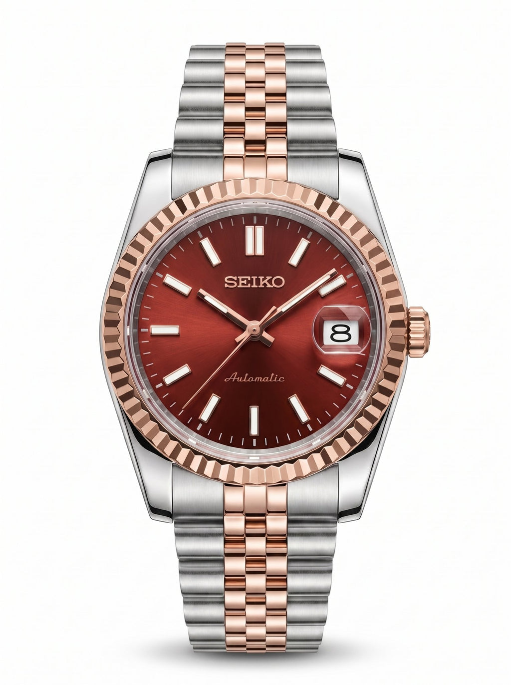 Date Mod – Two-Tone Rose Gold · Maroon Stick Dial – Automatic — with Seiko logo