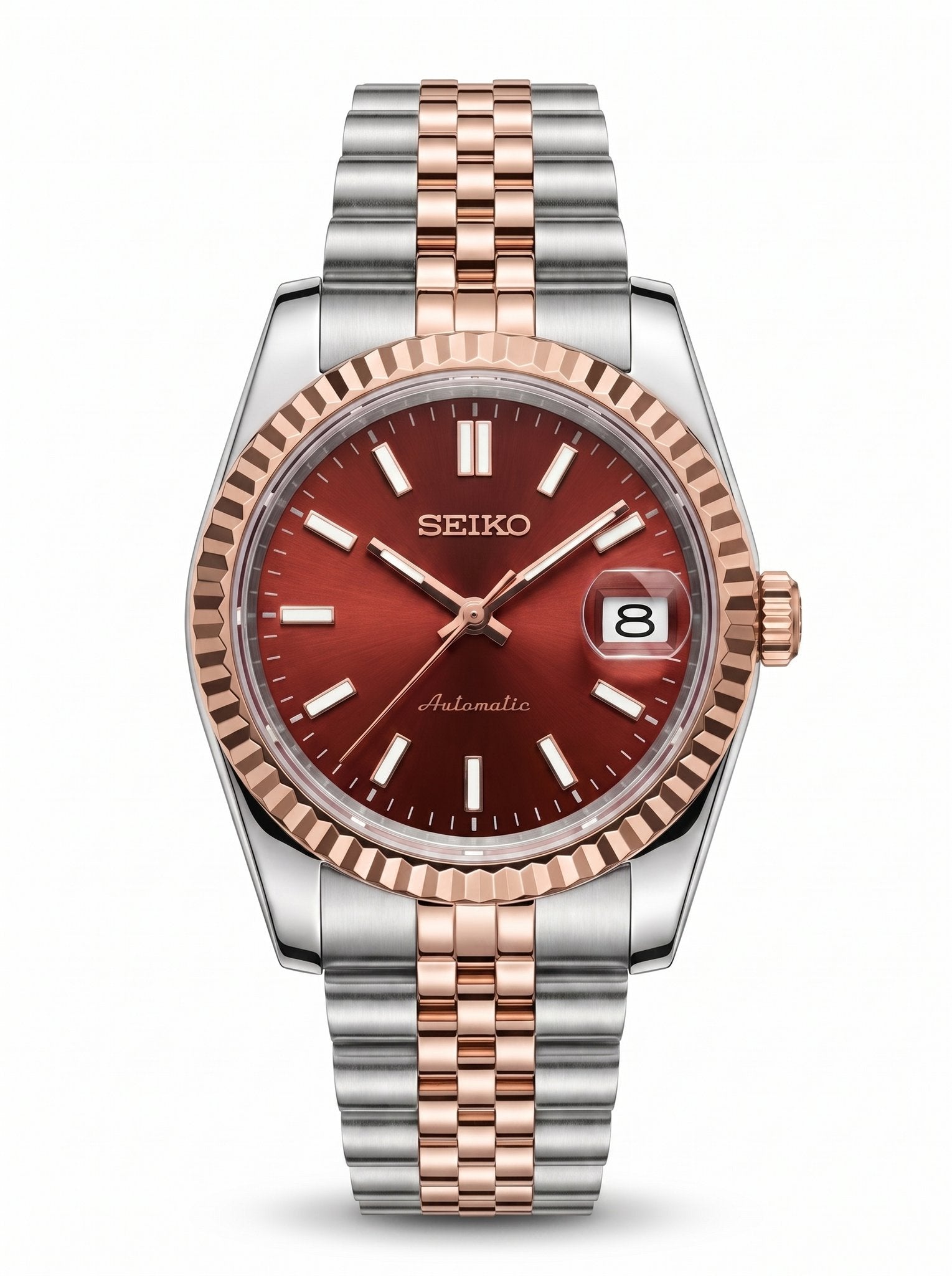 Date Mod – Two-Tone Rose Gold · Maroon Stick Dial – Automatic — with Seiko logo