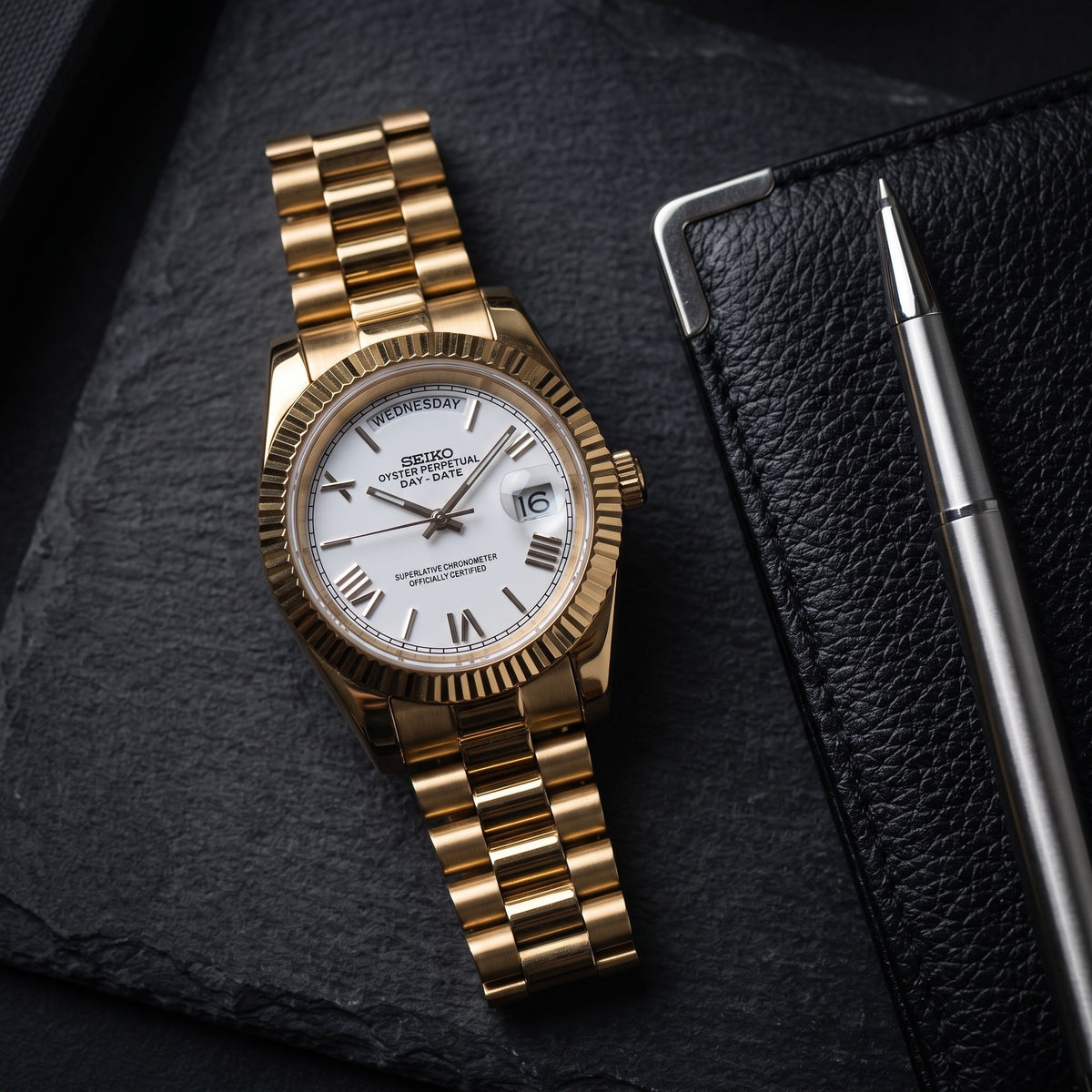 Day Mod – Gold · White Roman Dial – 40mm – Automatic – lifestyle flat lay