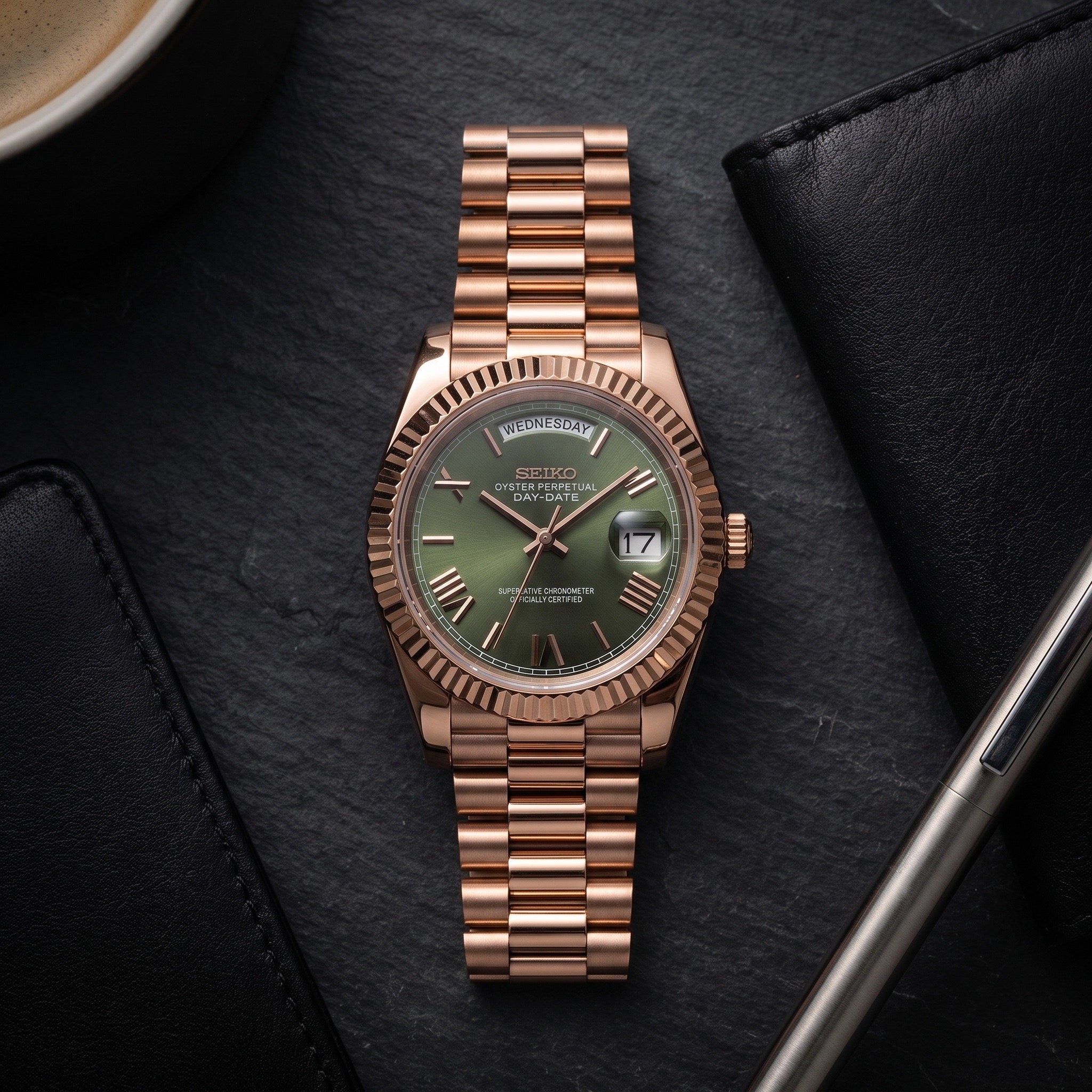 Day Mod – Rose Gold · Green Dial – 40mm – Automatic – lifestyle flat lay