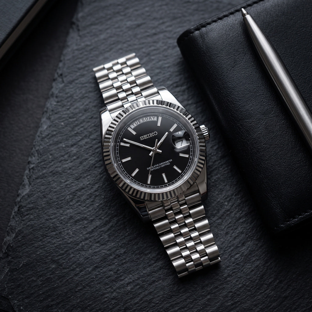 Day Mod – Steel · Black Dial · Jubilee – 40mm – Automatic – lifestyle flat lay