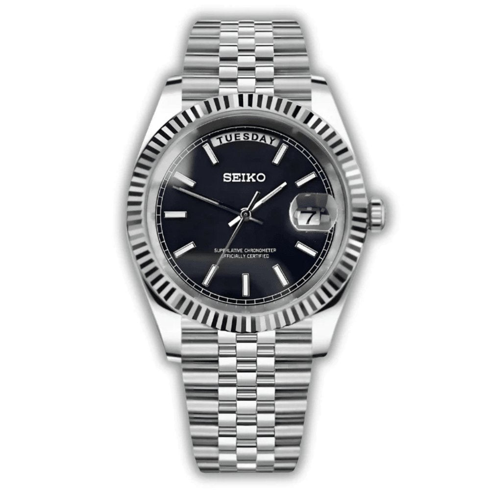 Day Mod – Steel · Black Dial · Jubilee – 40mm – Automatic — with Seiko logo