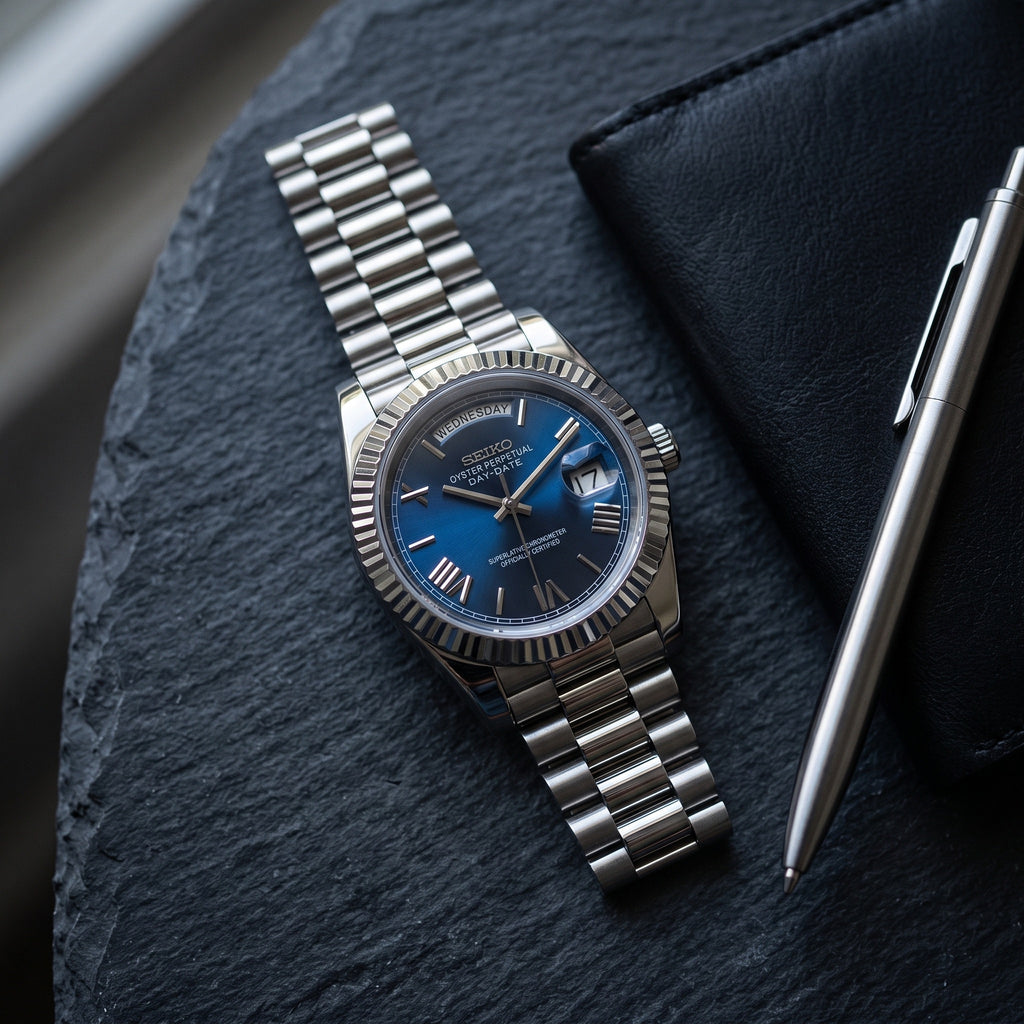 Day Mod – White Gold · Blue Roman Dial – 40mm – Automatic – lifestyle flat lay