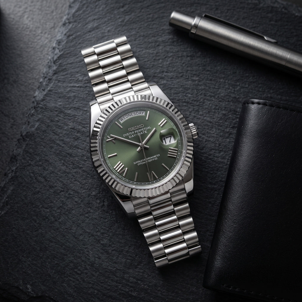 Day Mod – White Gold · Green Dial – 40mm – Automatic – lifestyle flat lay