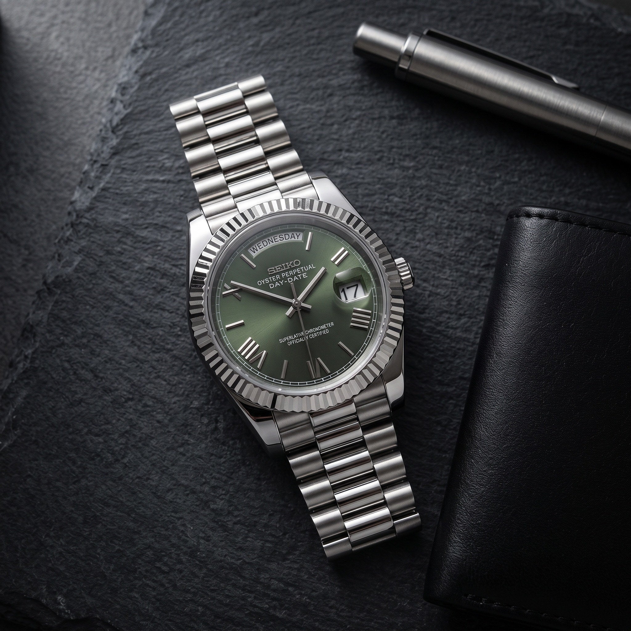 Day Mod – White Gold · Green Dial – 40mm – Automatic – lifestyle flat lay