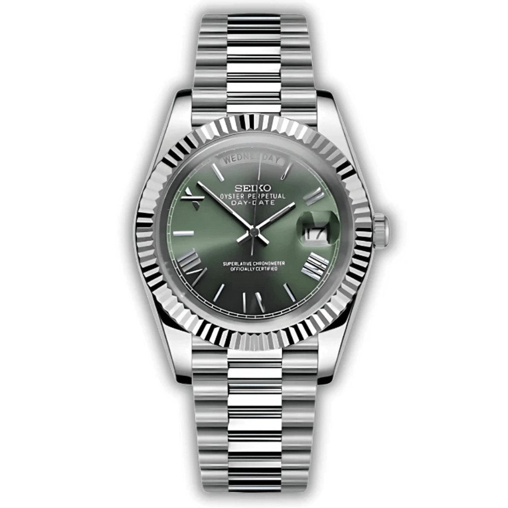 Day Mod – White Gold · Green Dial – 40mm – Automatic — with Seiko logo
