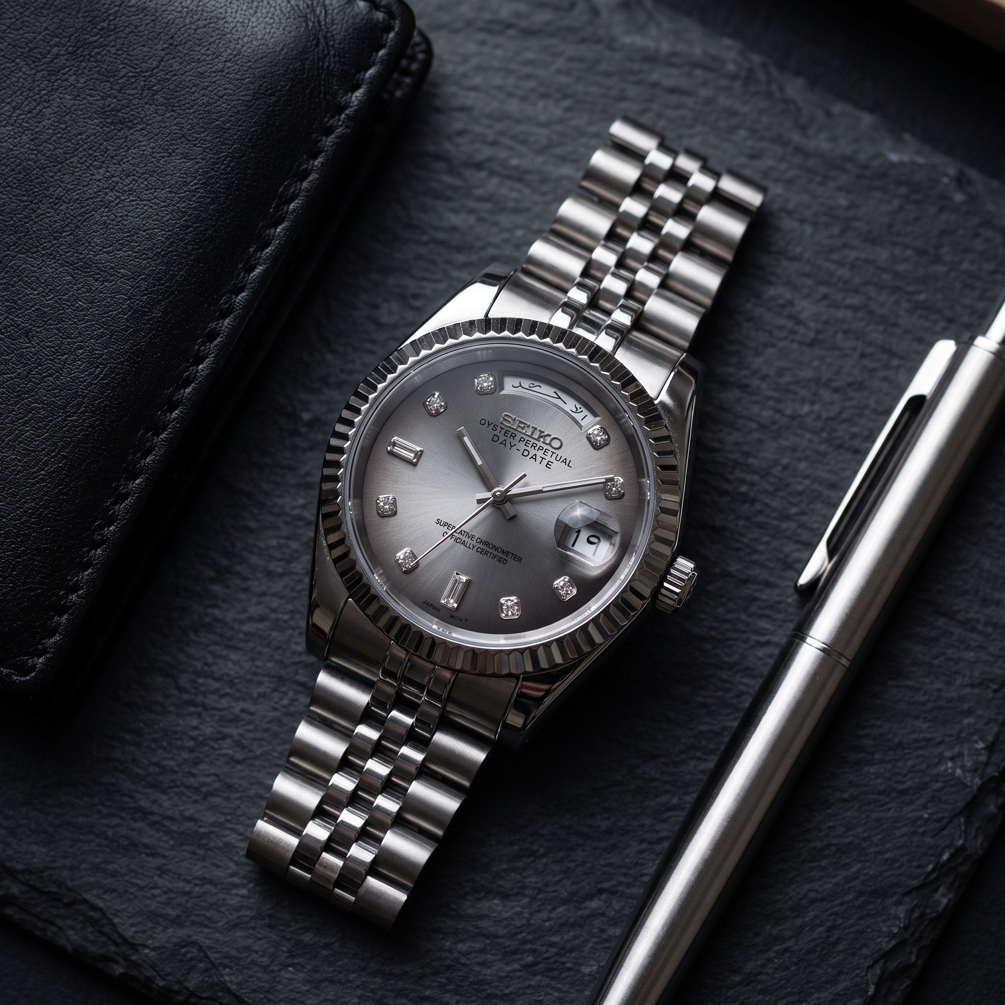 Day Mod – White Gold · Grey Dial – 40mm – Automatic – lifestyle flat lay