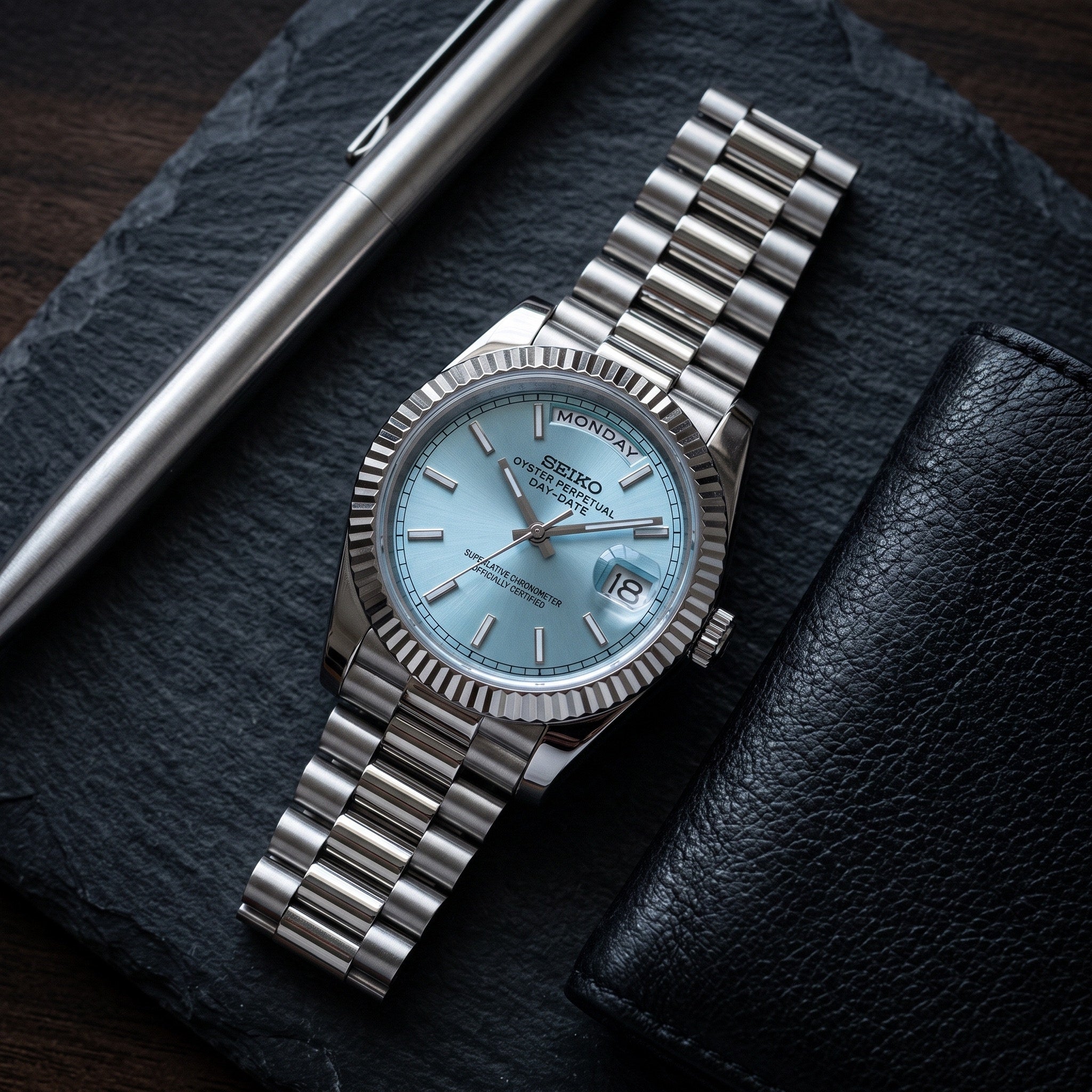 Day Mod – White Gold · Ice-Blue Dial – 40mm – Automatic – lifestyle flat lay