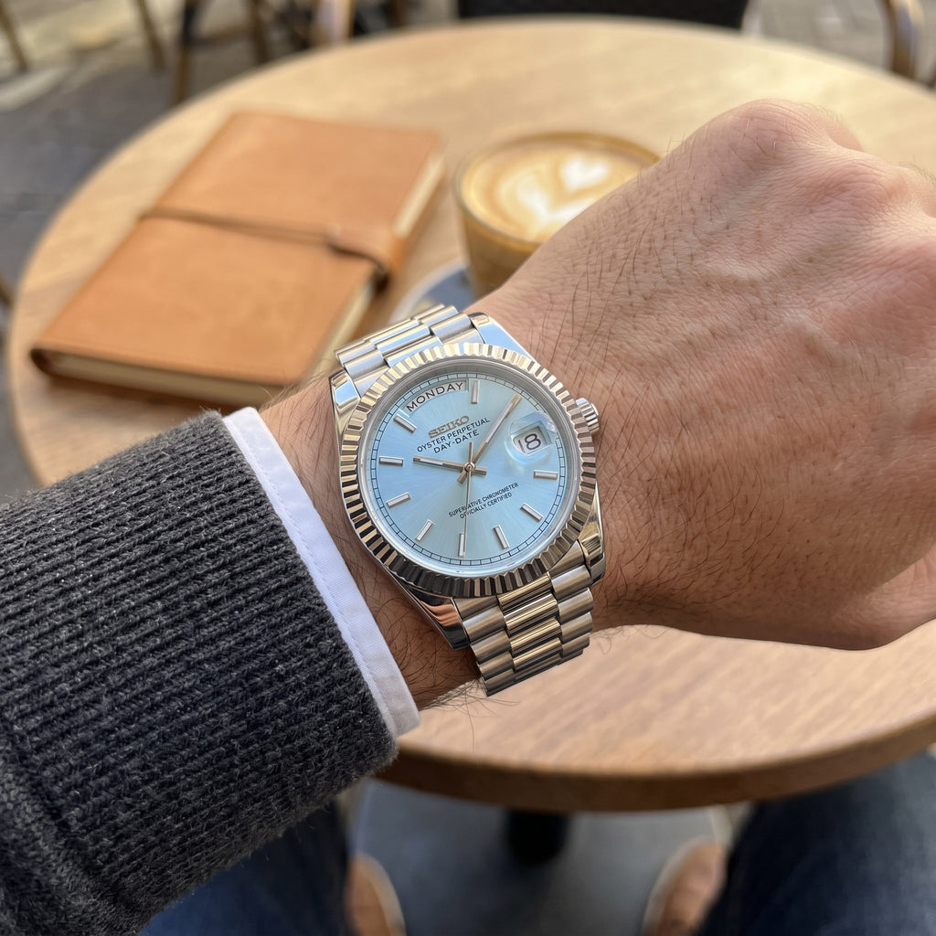 Day Mod – White Gold · Ice-Blue Dial – 40mm – Automatic – on-wrist view