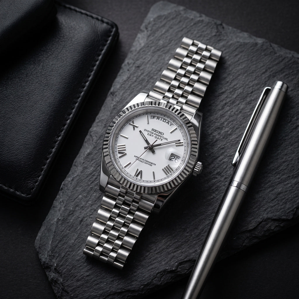 Day Mod – White Gold · White Roman Dial – 40mm – Automatic – lifestyle flat lay