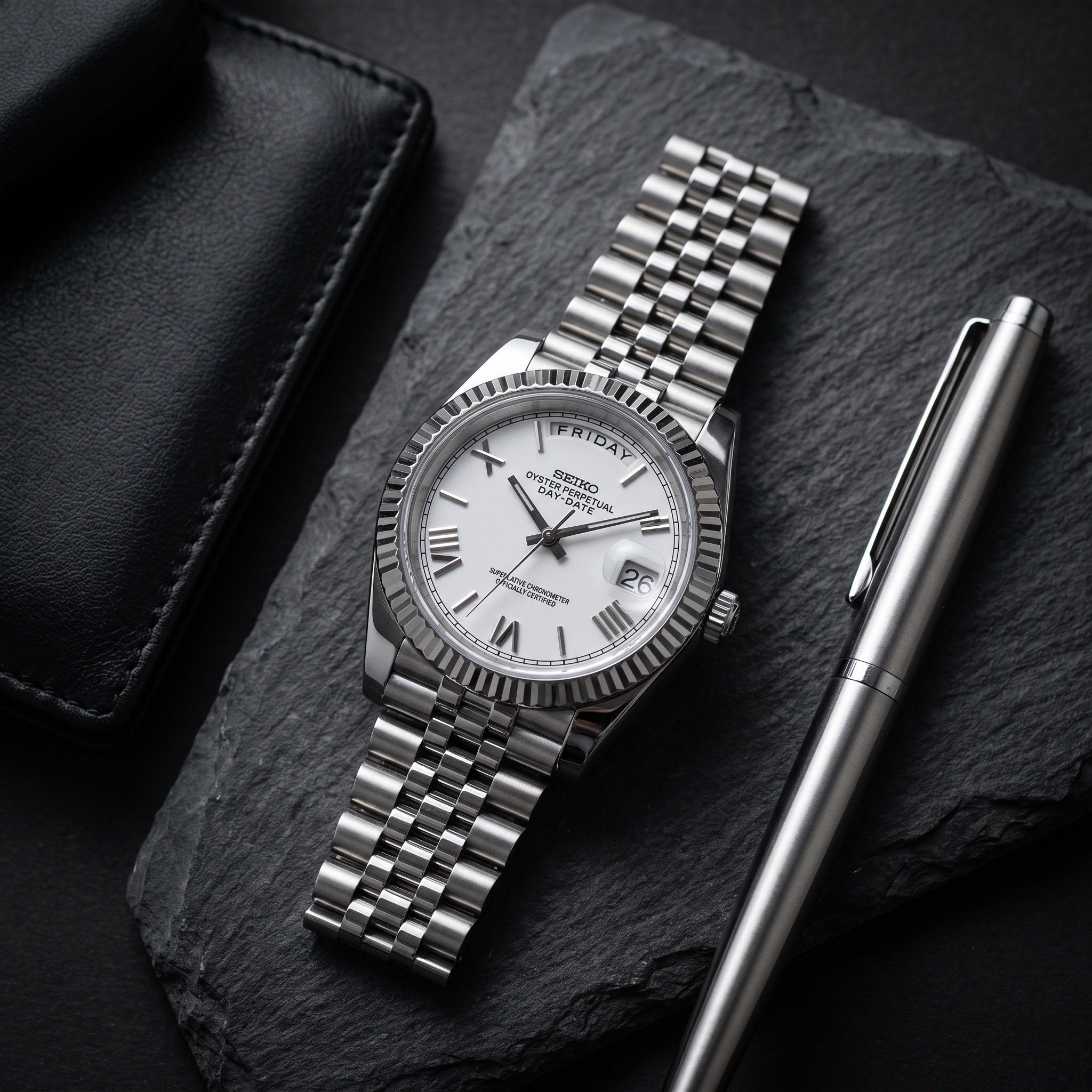 Day Mod – White Gold · White Roman Dial – 40mm – Automatic – lifestyle flat lay