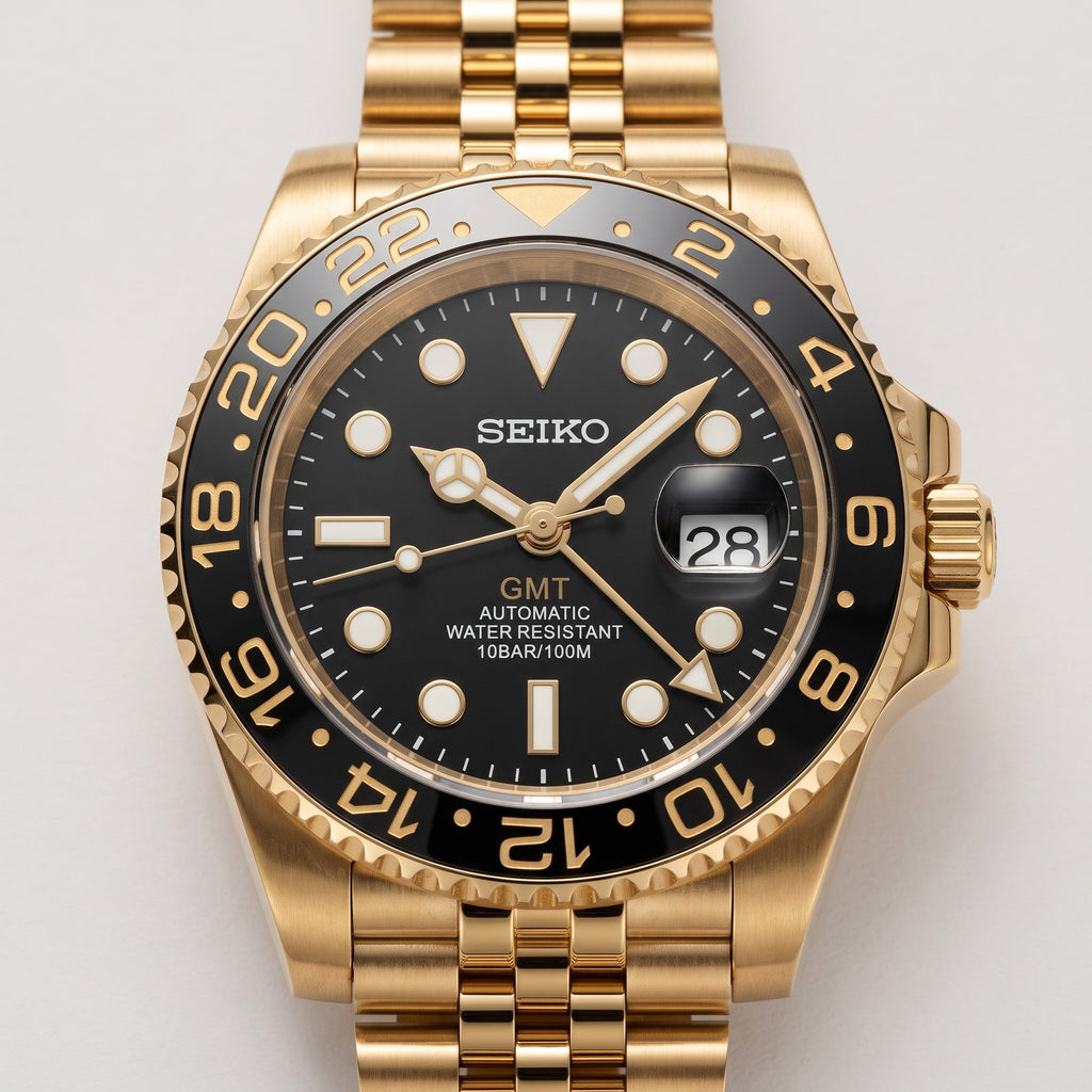 GMT Mod – Full Gold · Black Bezel – 40mm – Automatic GMT – dial detail