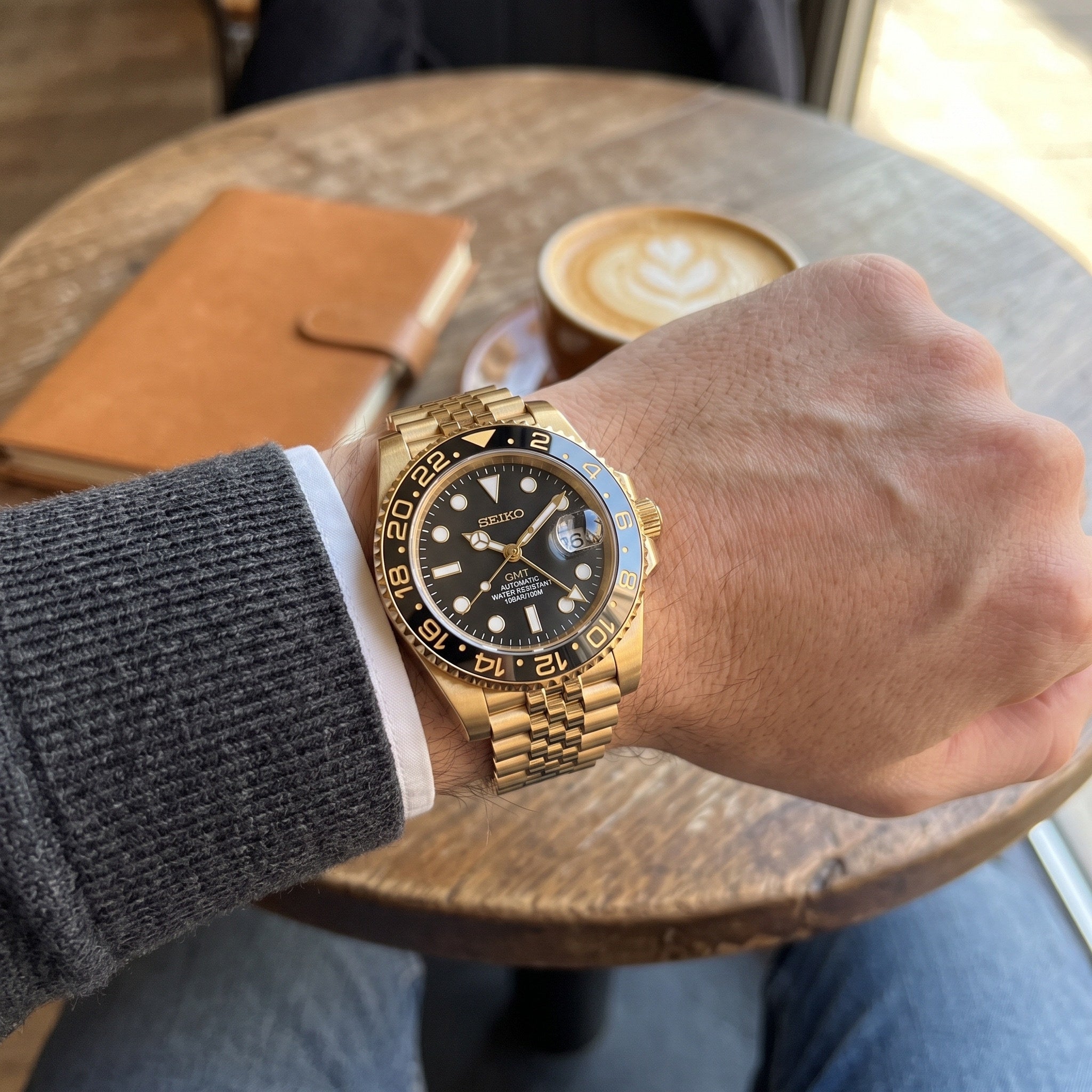 GMT Mod – Full Gold · Black Bezel – 40mm – Automatic GMT – on-wrist view