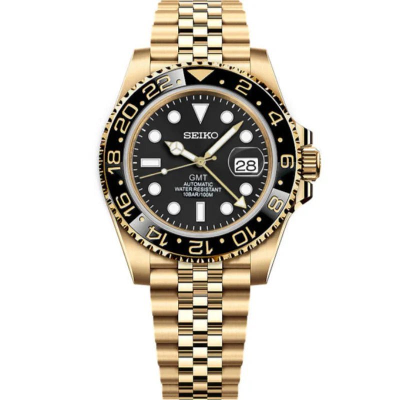 GMT Mod – Full Gold · Black Bezel – 40mm – Automatic GMT — with Seiko logo