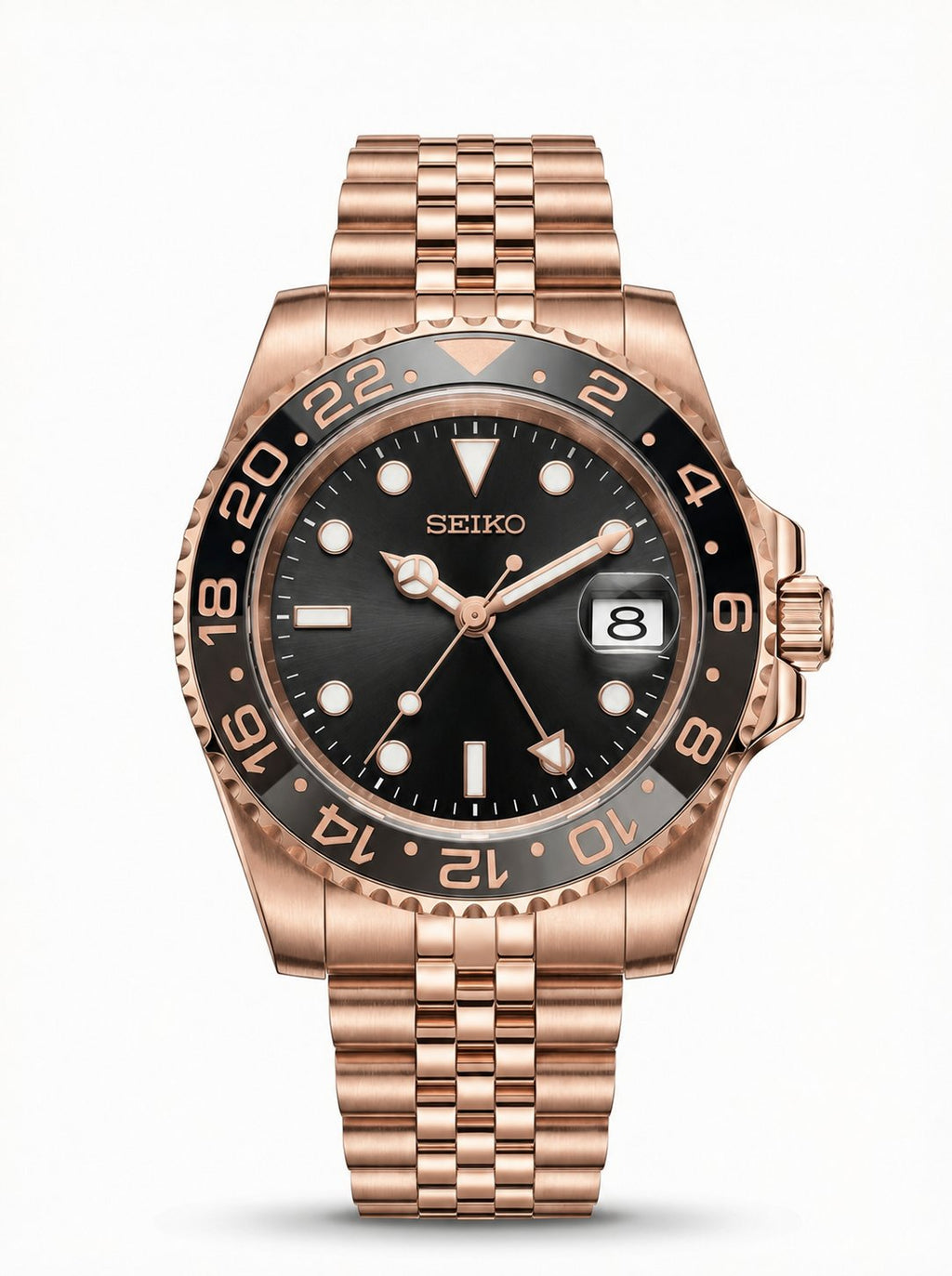 GMT Mod – Full Rose Gold · Brown-Black Bezel – 40mm – Automatic GMT — with Seiko logo