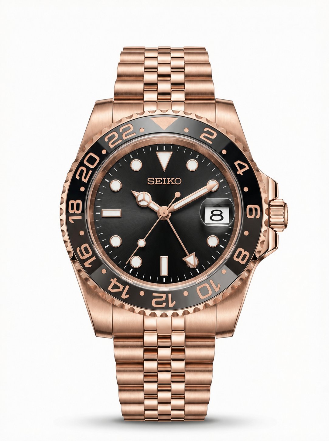 GMT Mod – Full Rose Gold · Brown-Black Bezel – 40mm – Automatic GMT — with Seiko logo