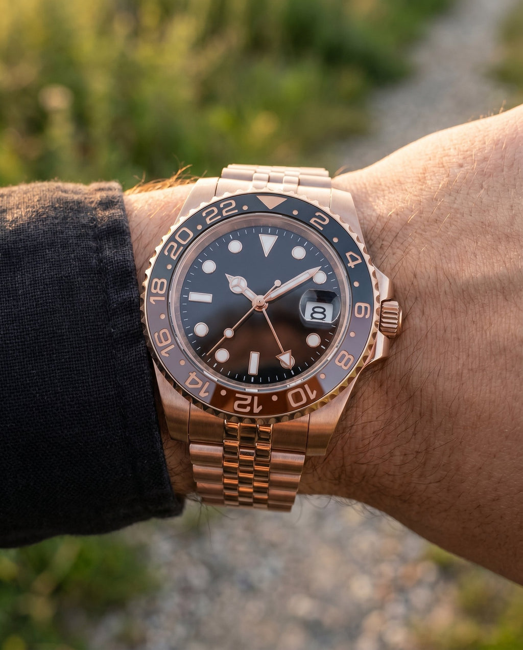GMT Mod – Full Rose Gold · Brown-Black Bezel – 40mm – Automatic GMT - on-wrist lifestyle