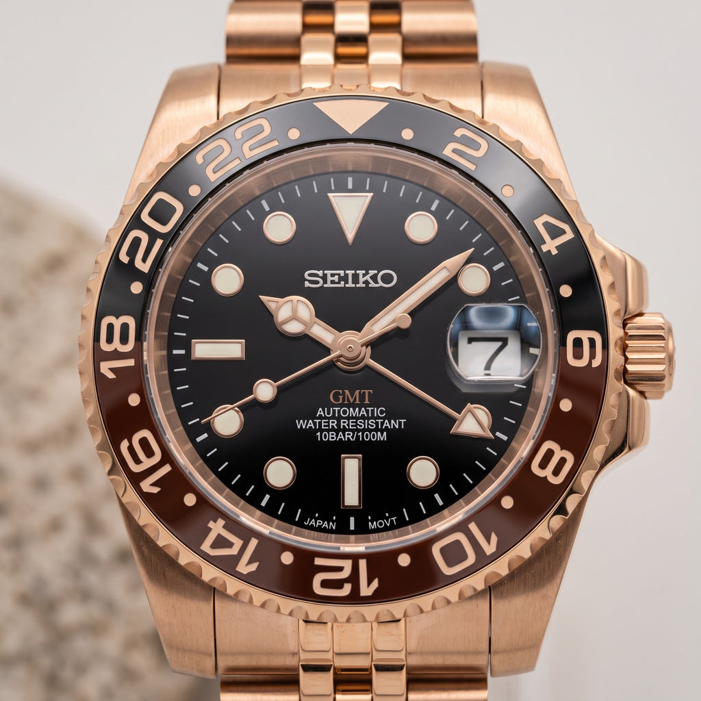 GMT Mod – Rose Gold · Brown-Black Bezel · Jubilee – 40mm – Automatic GMT – dial detail