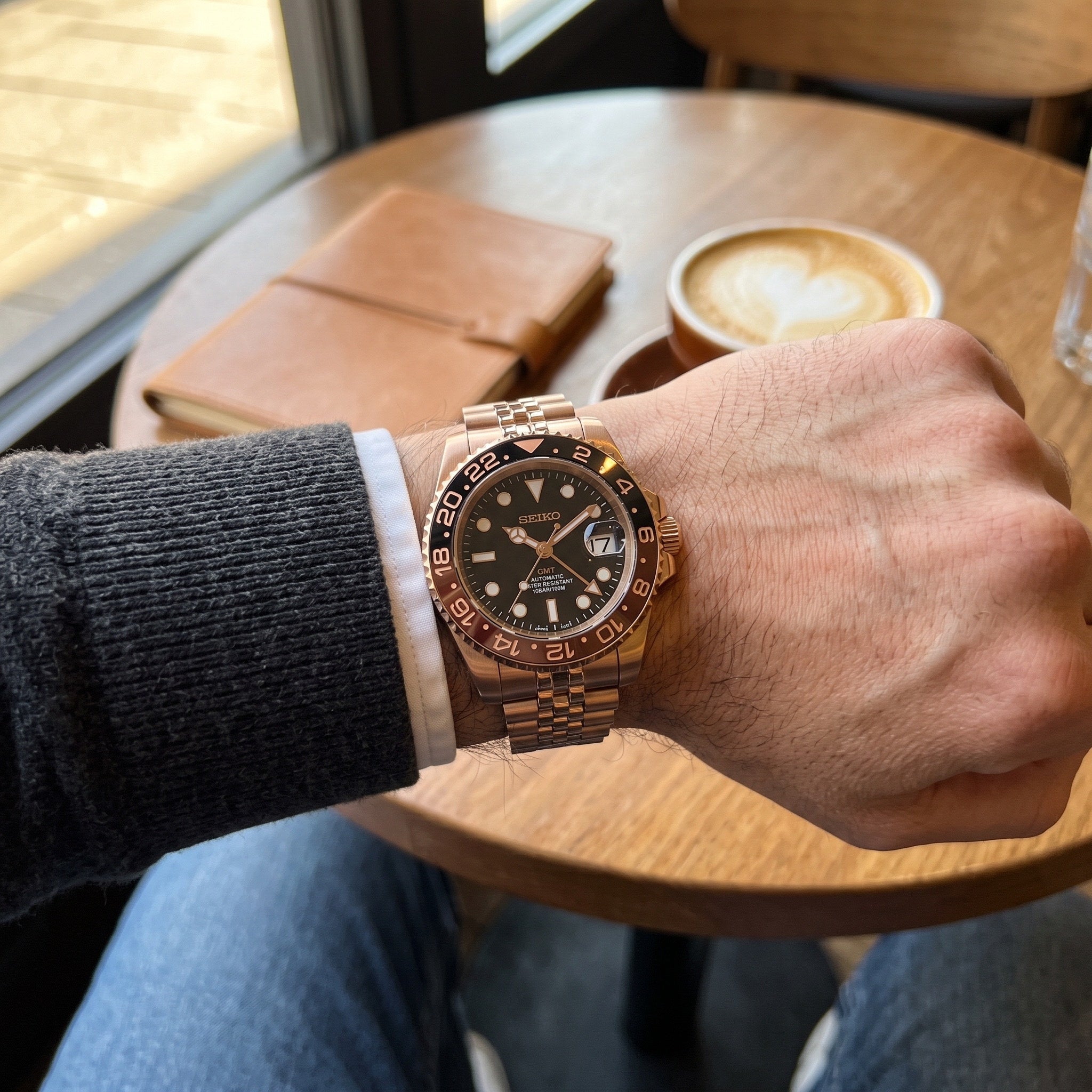 GMT Mod – Rose Gold · Brown-Black Bezel · Jubilee – 40mm – Automatic GMT – on-wrist view