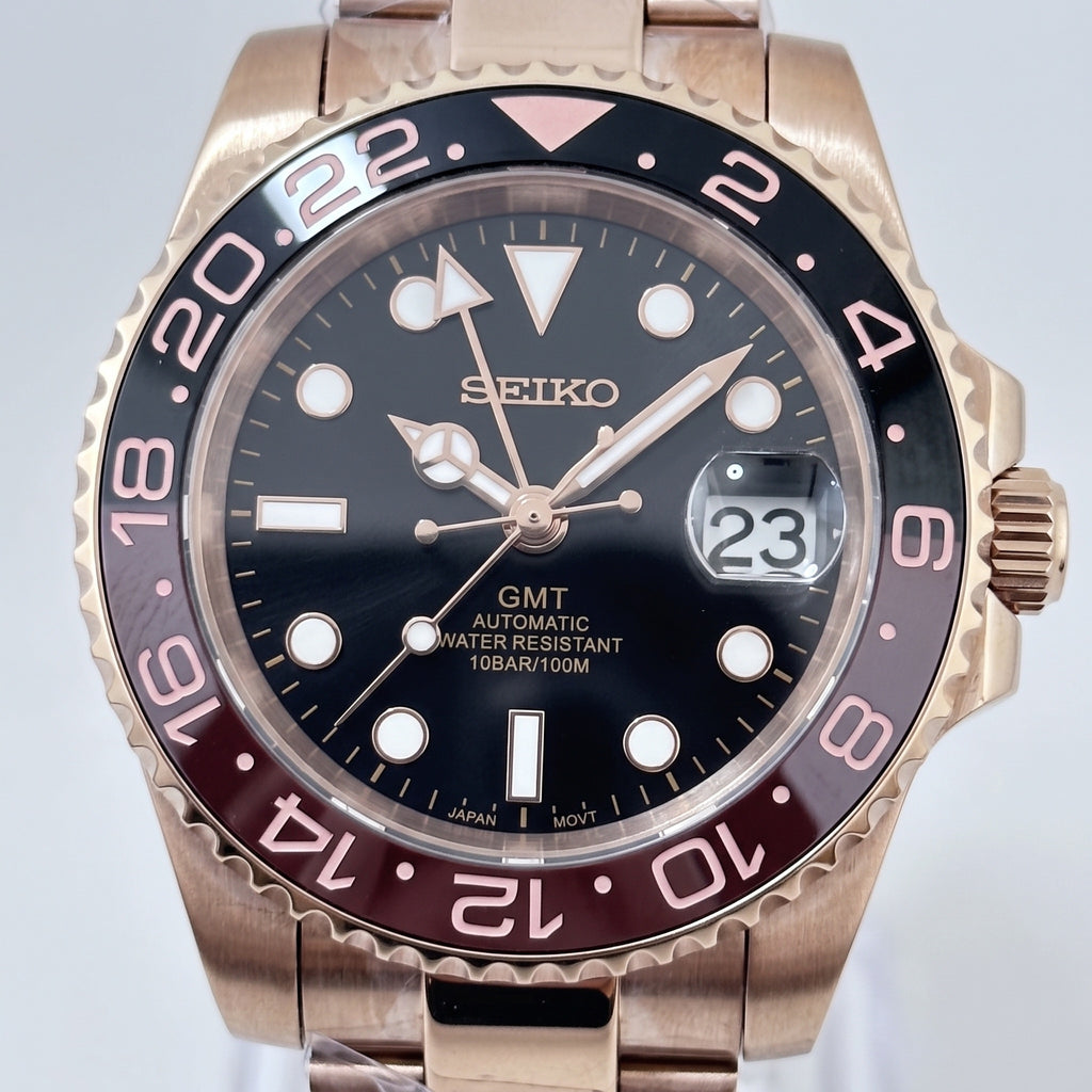 GMT Mod – Rose Gold · Root Beer Bezel – 40mm – Automatic GMT – dial detail