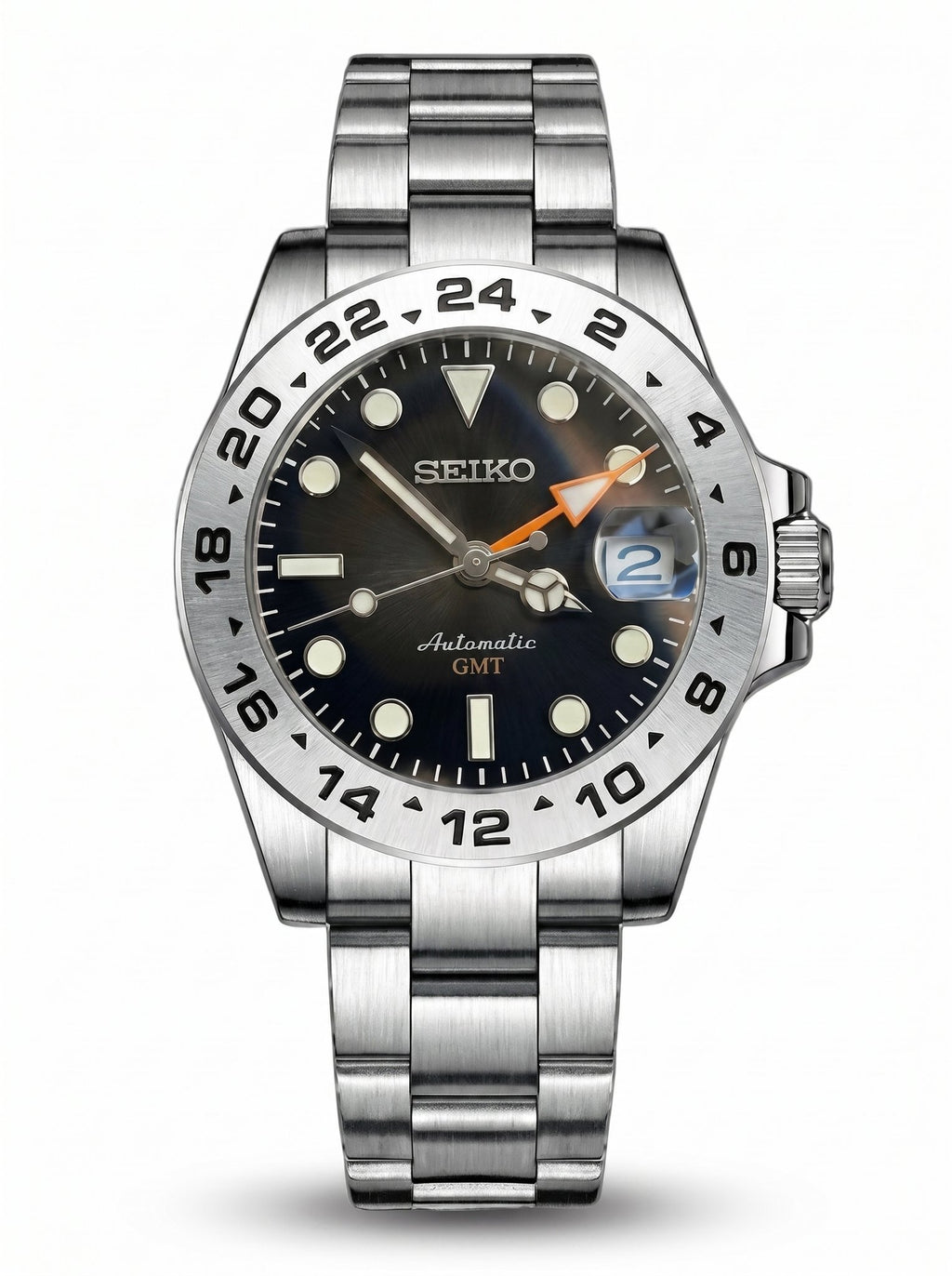 GMT Mod – Steel · Black Bezel · Orange GMT – 40mm – Automatic GMT — with Seiko logo