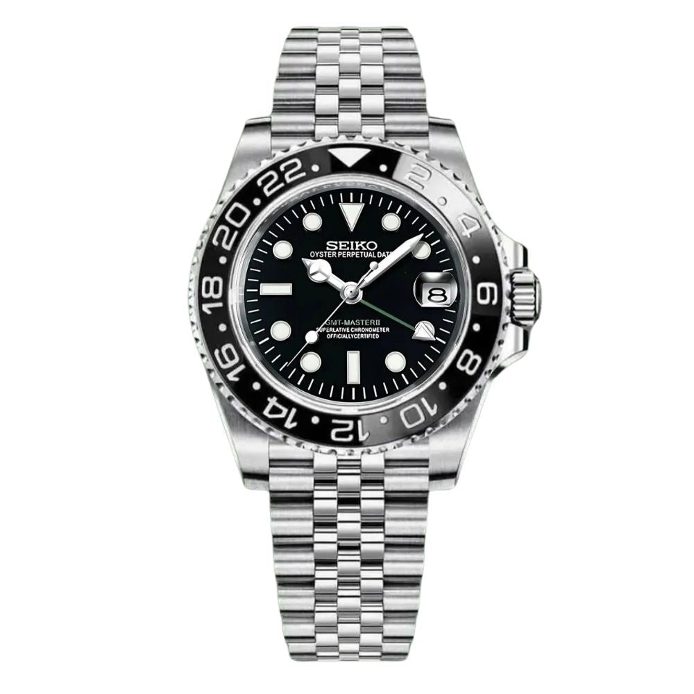 GMT Mod – Steel · Black-Grey Bezel · Jubilee – 40mm – Automatic GMT — with Seiko logo