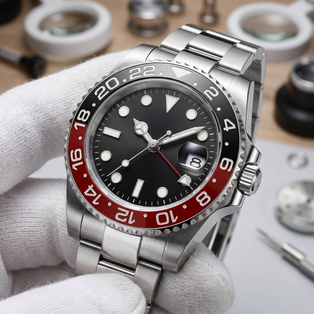 GMT Mod – Steel · Black-Red Bezel – 40mm – Automatic GMT - close-up detail