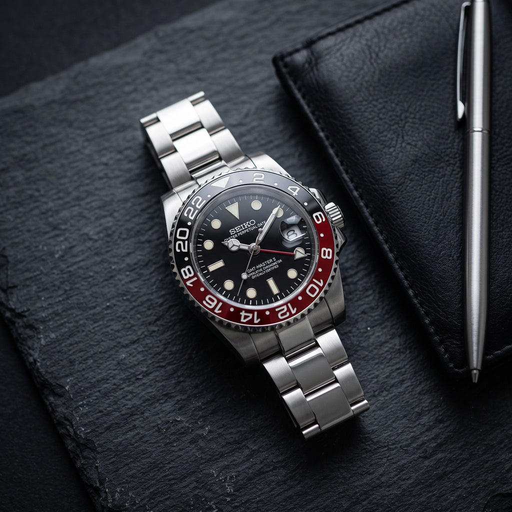 GMT Mod – Steel · Black-Red Bezel – 40mm – Automatic GMT – lifestyle flat lay