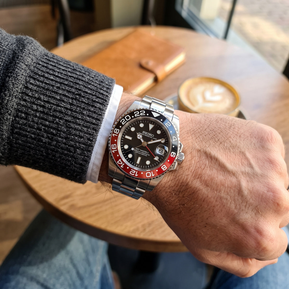 GMT Mod – Steel · Black-Red Bezel – 40mm – Automatic GMT – on-wrist view