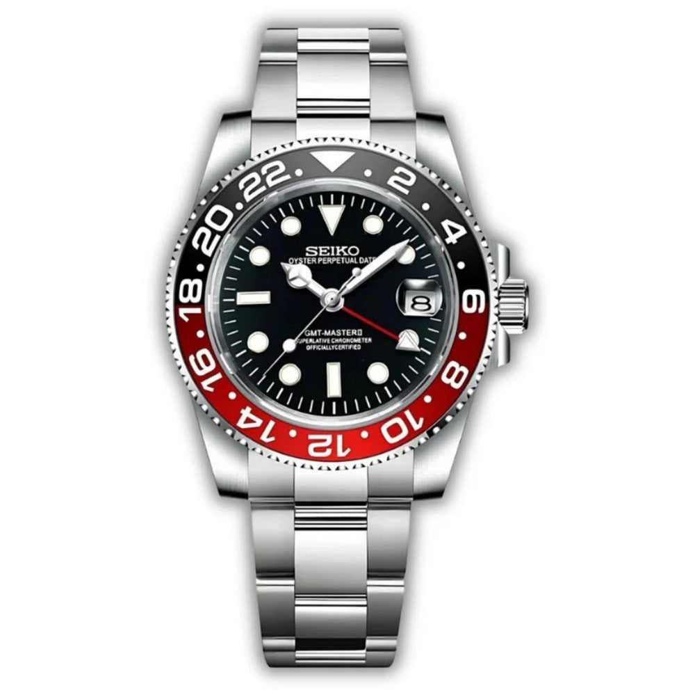 GMT Mod – Steel · Black-Red Bezel – 40mm – Automatic GMT — with Seiko logo