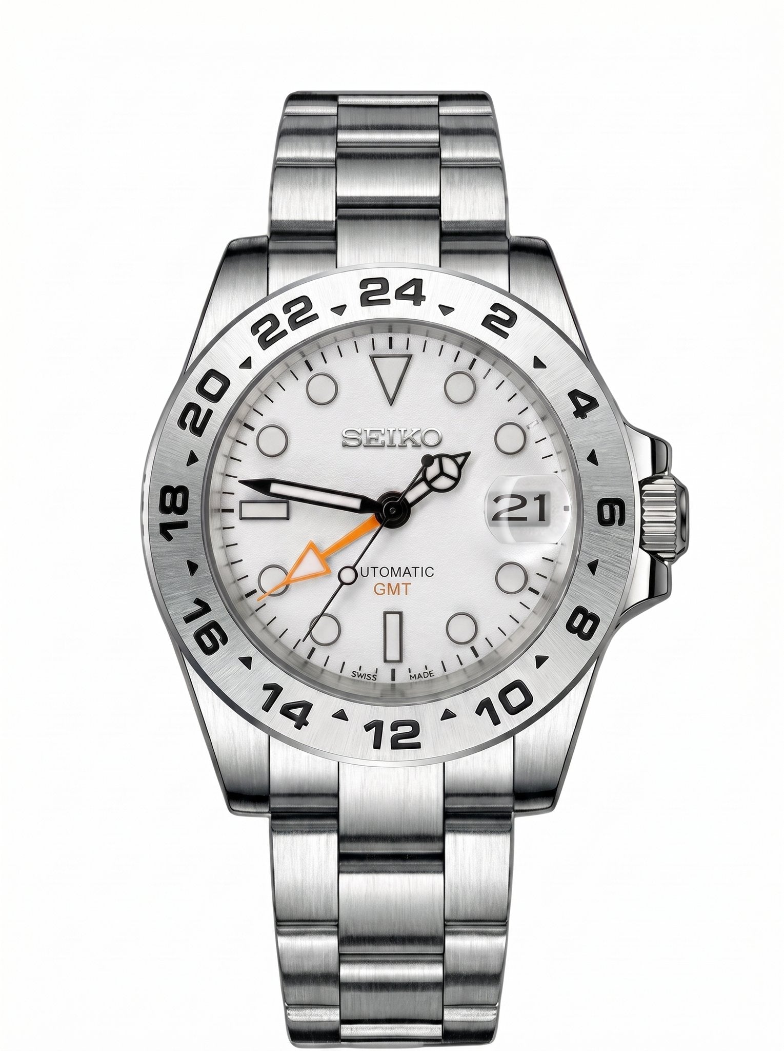 GMT Mod – Steel · Black-White Bezel · White Dial – 40mm – Automatic GMT — with Seiko logo