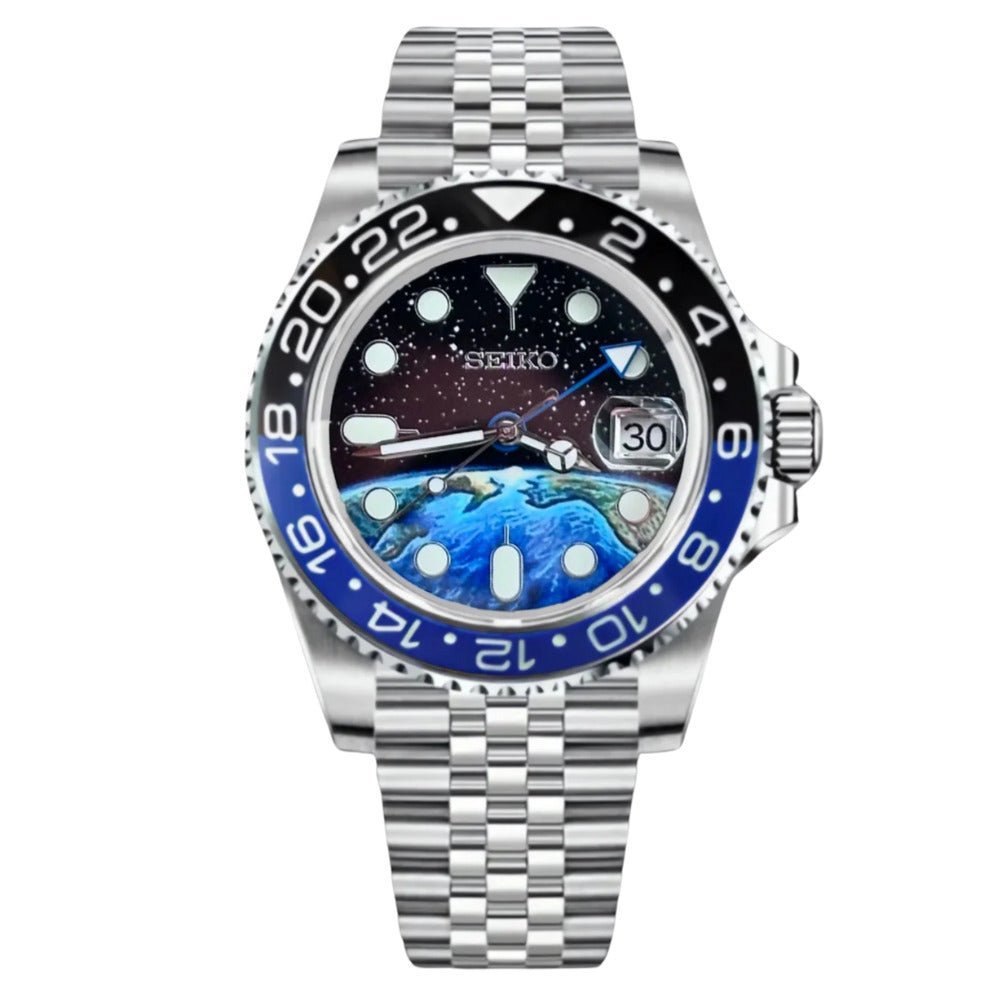 GMT Mod – Steel · Blue-Black Bezel – 40mm – Automatic GMT — with Seiko logo