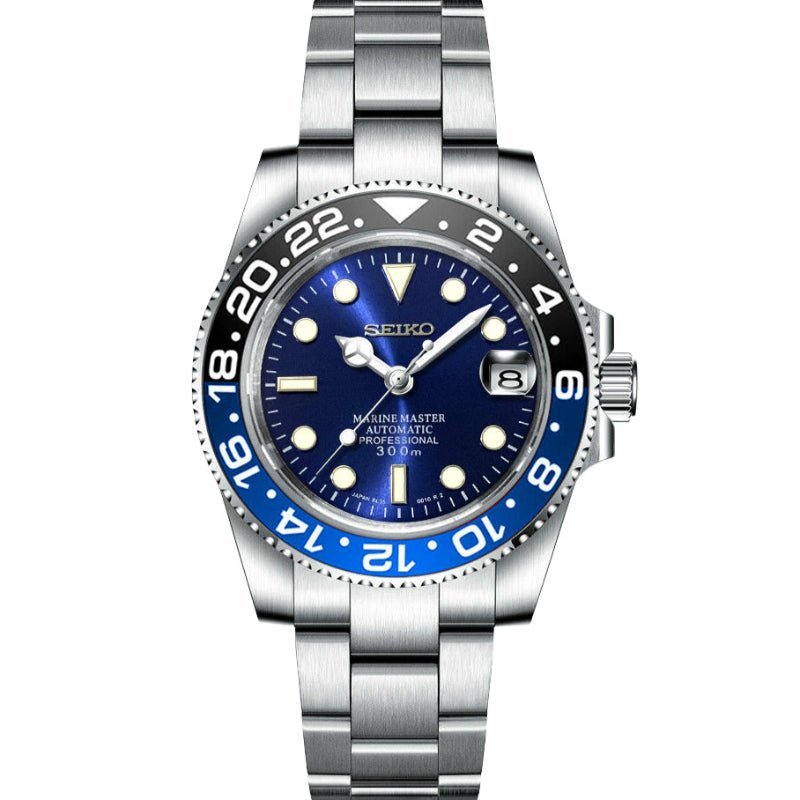 GMT Mod – Steel · Blue-Black Bezel · Blue Dial – 40mm – Automatic GMT — with Seiko logo