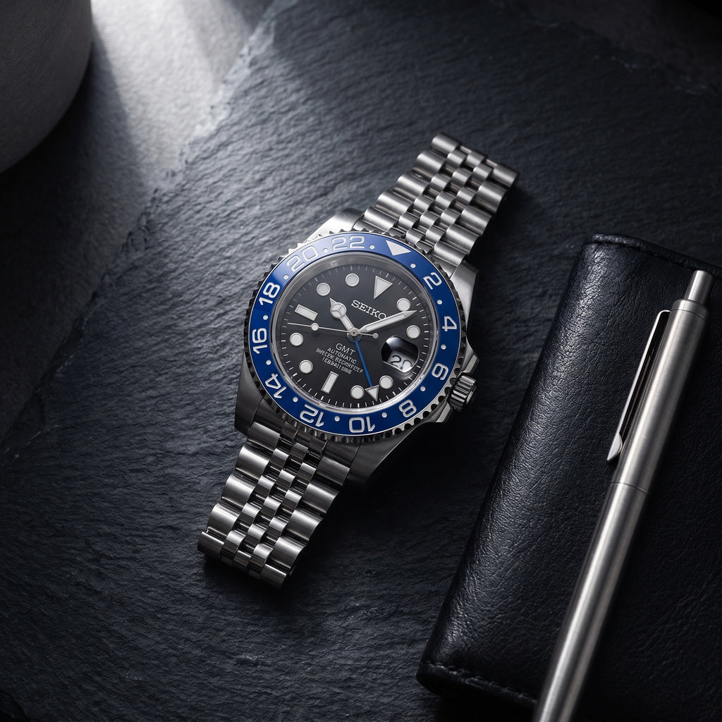 GMT Mod – Steel · Blue-Red Bezel – 40mm – Automatic GMT – lifestyle flat lay