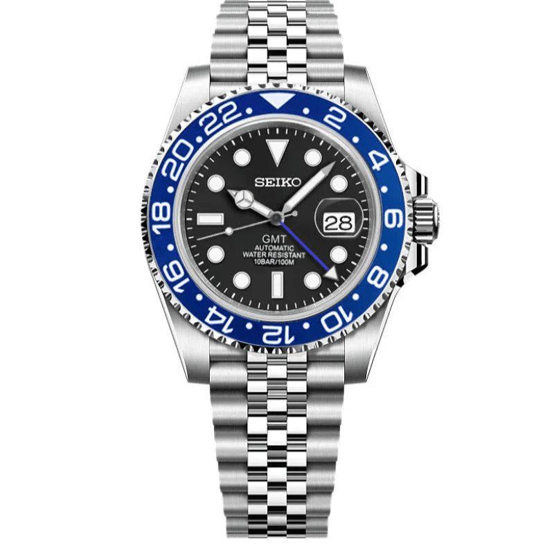 GMT Mod – Steel · Blue-Red Bezel – 40mm – Automatic GMT — with Seiko logo