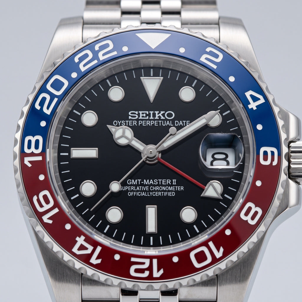 GMT Mod – Steel · Blue-Red Bezel · Jubilee – 40mm – Automatic GMT – dial detail