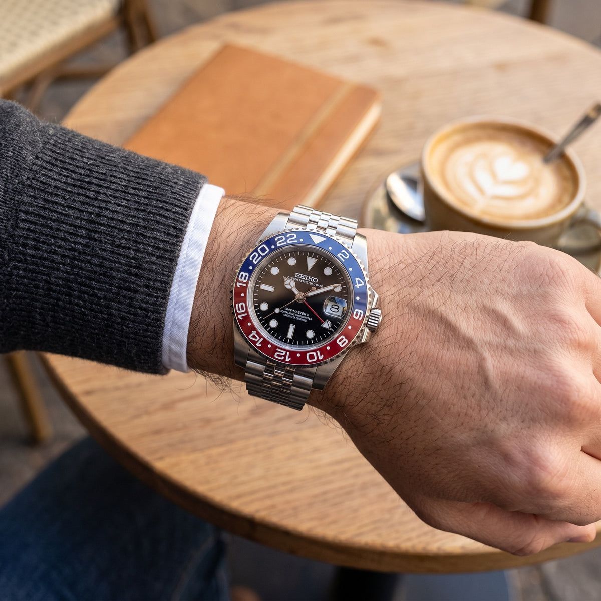 GMT Mod – Steel · Blue-Red Bezel · Jubilee – 40mm – Automatic GMT – on-wrist view