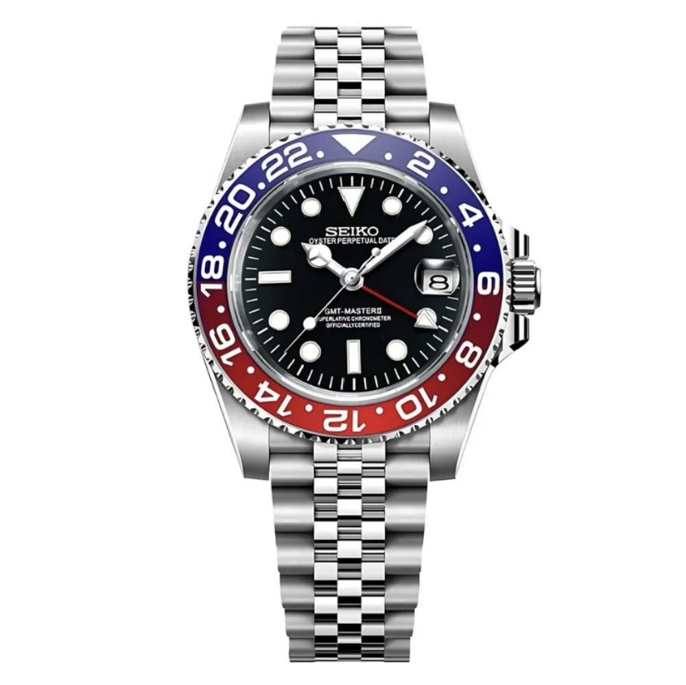 GMT Mod – Steel · Blue-Red Bezel · Jubilee – 40mm – Automatic GMT — with Seiko logo