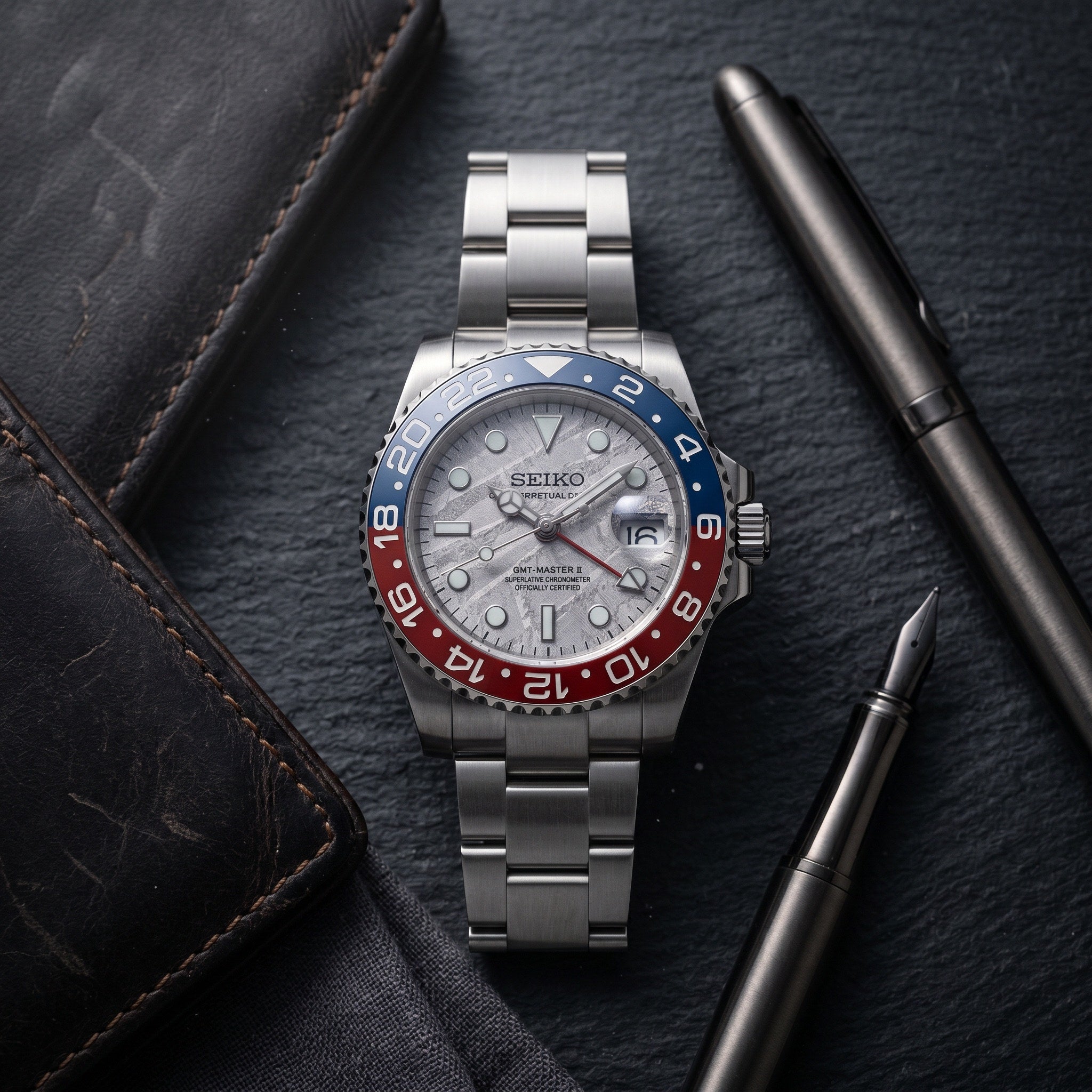 GMT Mod – Steel · Blue-Red Bezel · Meteorite Dial – 40mm – Automatic GMT – lifestyle flat lay