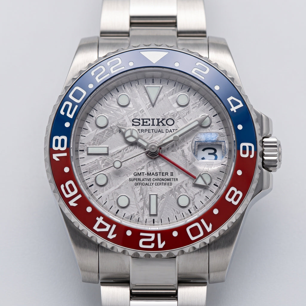 GMT Mod – Steel · Blue-Red Bezel · Meteorite Dial – 40mm – Automatic GMT – dial detail