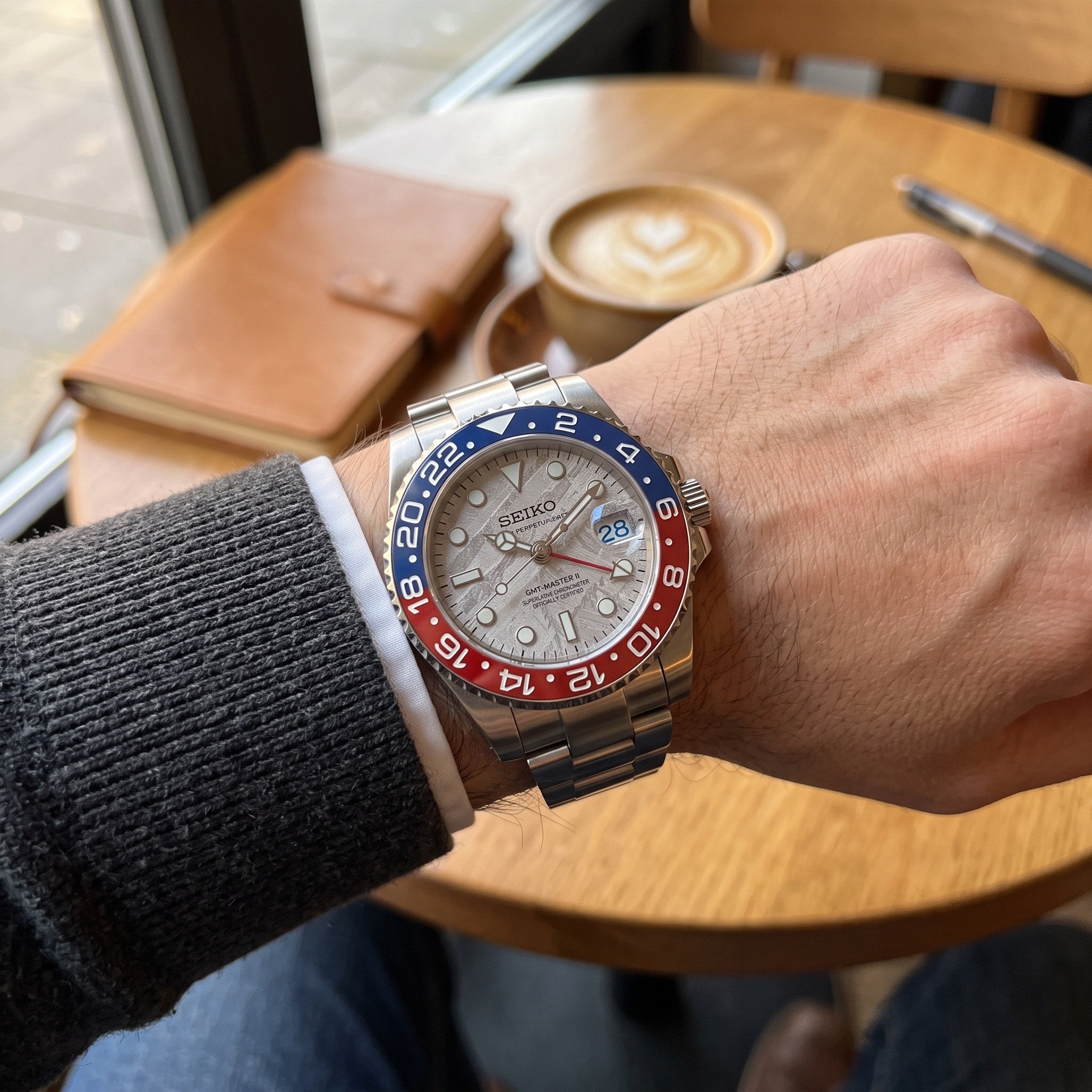 GMT Mod – Steel · Blue-Red Bezel · Meteorite Dial – 40mm – Automatic GMT – on-wrist view